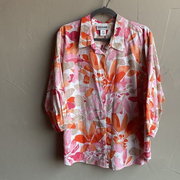 C.D.Daniels Linen Floral Shirt with 3/4 Sleeves. Pinks, Oranges, White Size 1X - Picture 1 of 11
